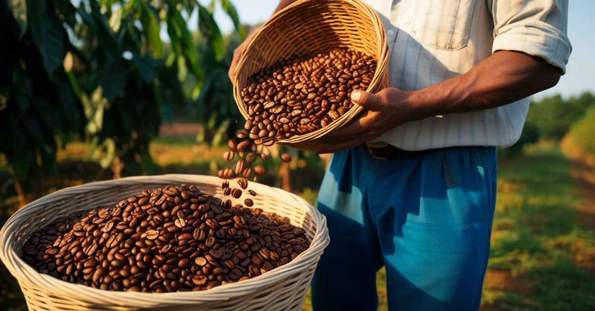 Person pouring beans into a whicker basket after harvest